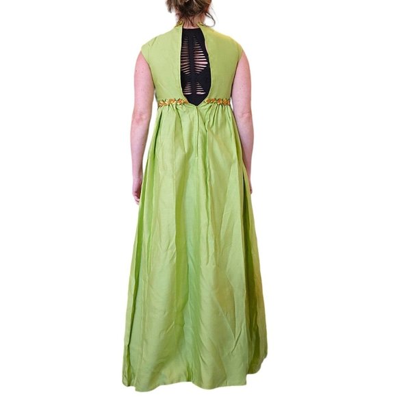 Vintage 60s XS/S Lime Green Sleeveless Long Maxi Dress Raw Silk Retro Hostess - Picture 6 of 15